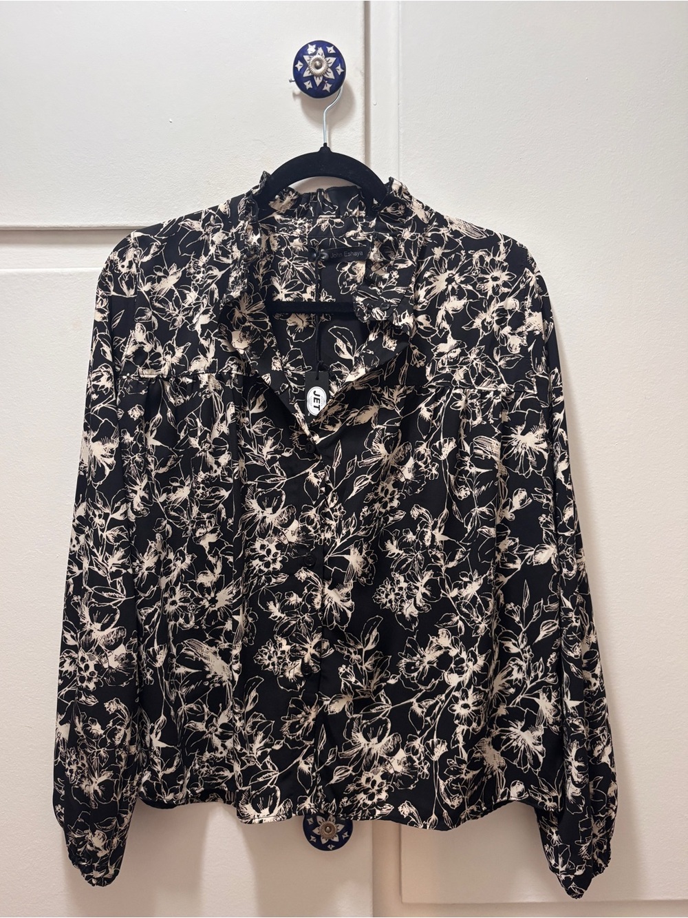 Petite Floral Button-Front Blouse - Black/Cream